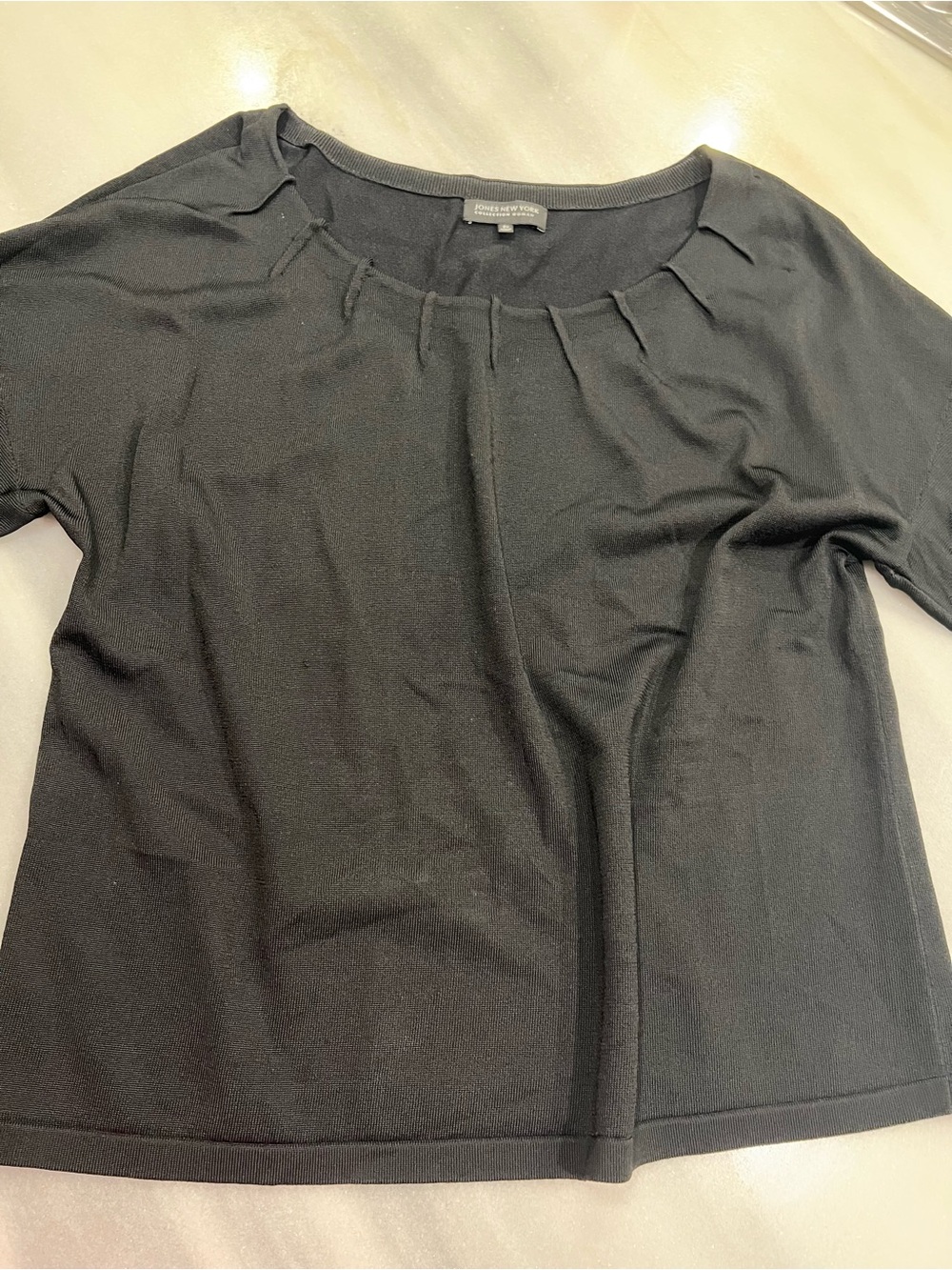 Jones New York Black 3/4 length Sleeve Pleated Neck top